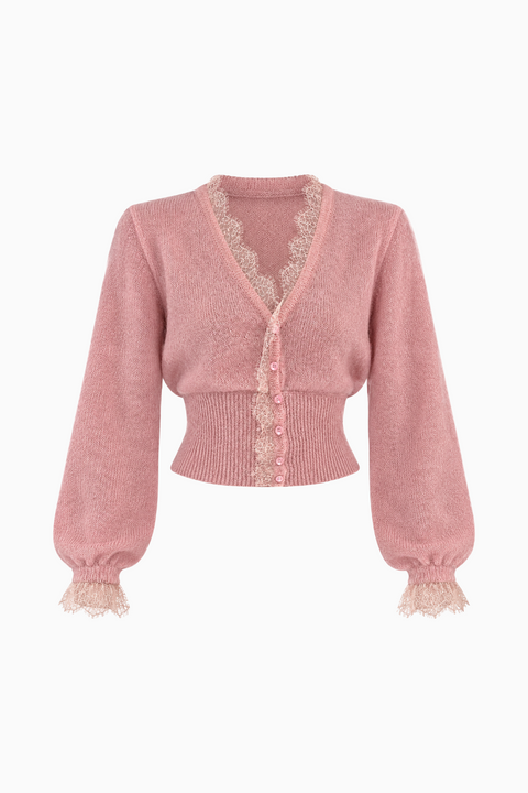 Cardigan in maglia soffice rosa con bordi in pizzo
