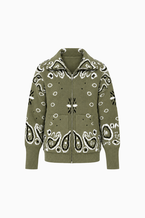 Paisley Motif Stand-Collar Cardigan