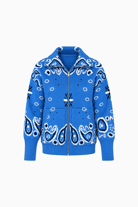 Paisley Motif Stand-Collar Cardigan