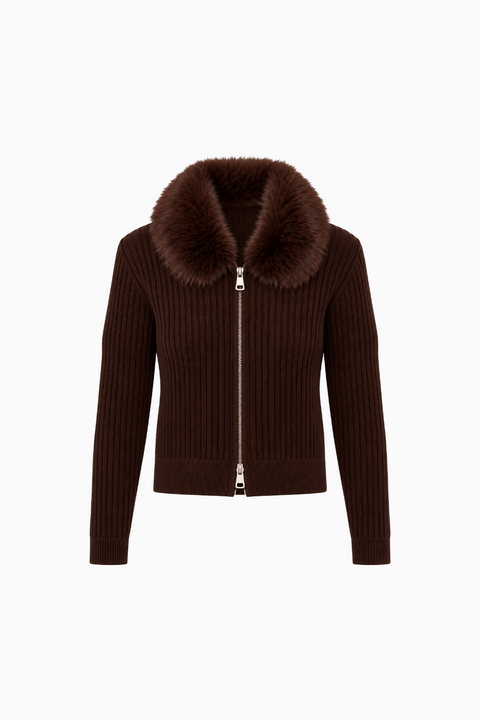 Espresso Faux Fur Collar Double-Zip Ribbed Cardigan