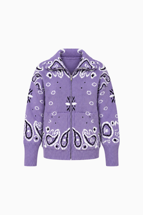 Paisley Motif Stand-Collar Cardigan