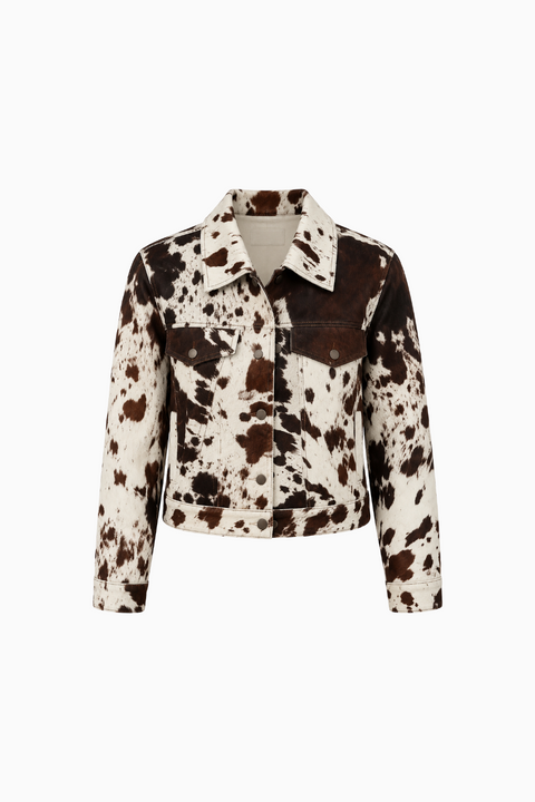 Bold cow-print leather trucker jacket