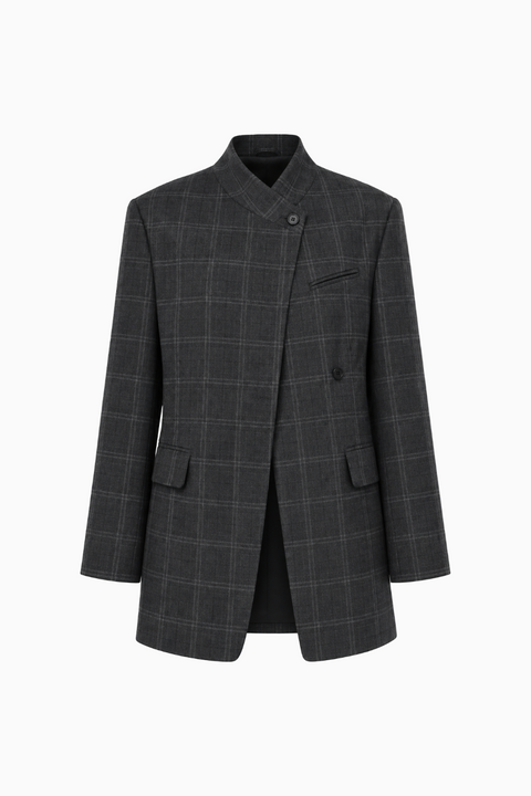 Plaid Asymmetric Stand-Collar Blazer
