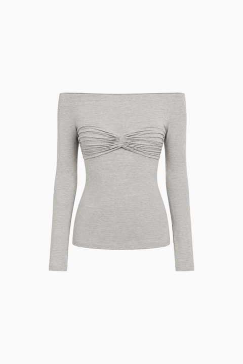 Top grigio mélange con scollo Bardot e busto arricciato