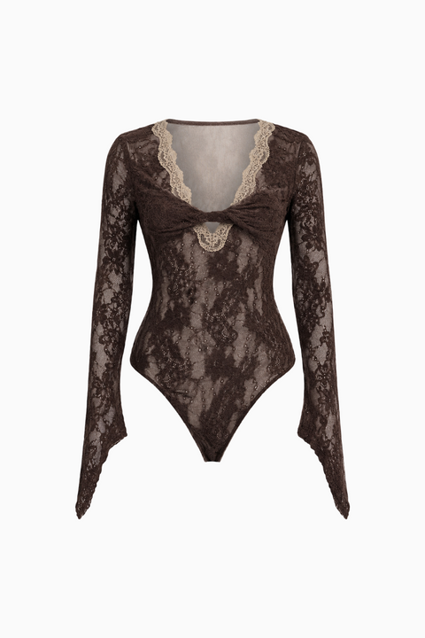 Body in pizzo a maniche lunghe con nodo sul davanti