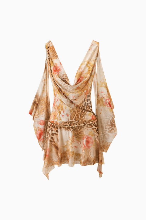 Floral Leopard Cold Shoulder Mesh Dress