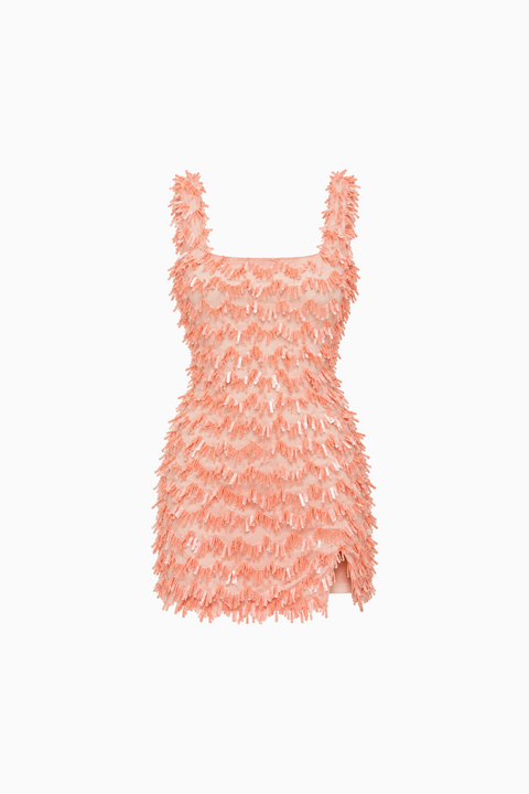 Mini-robe pêche à franges, sequins et encolure carrée