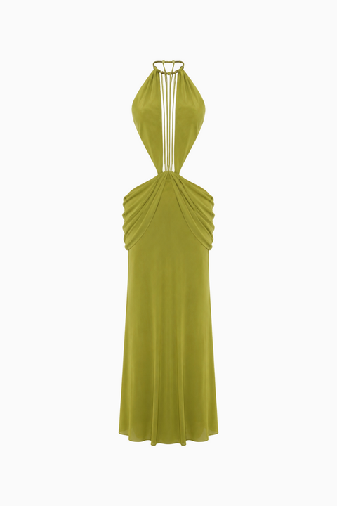 Olive-Green Cut-Out Halter Maxi Dress
