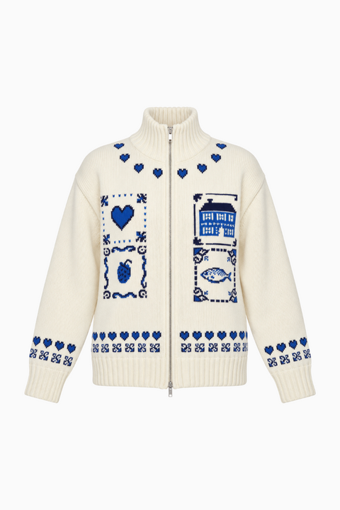 Cardigan avorio con zip e motivo a cuori intarsiato