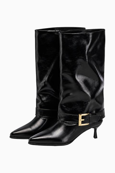 Black Slouchy Pointed-Toe Kitten Heel Boots with Gold Buckle