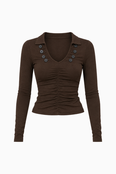Top marrone arricciato con scollo a V, maniche lunghe e bottoni decorativi