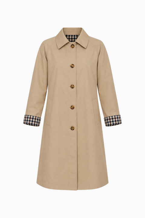 Cappotto classico beige monopetto con polsini a quadri