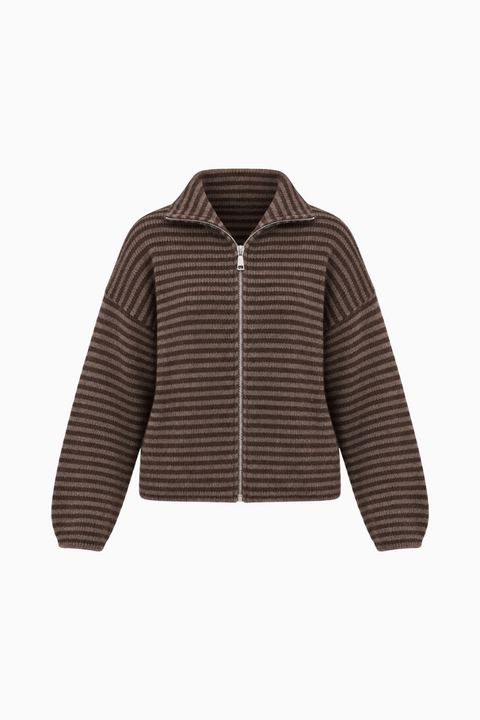Cardigan marrone a righe con collo a imbuto e zip