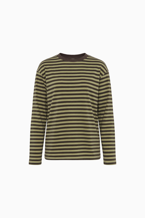 Pink and Brown Striped Long-Sleeve Crewneck Top
