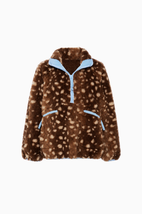 Retro Bambi Print Fluffy Half-Zip Jacket