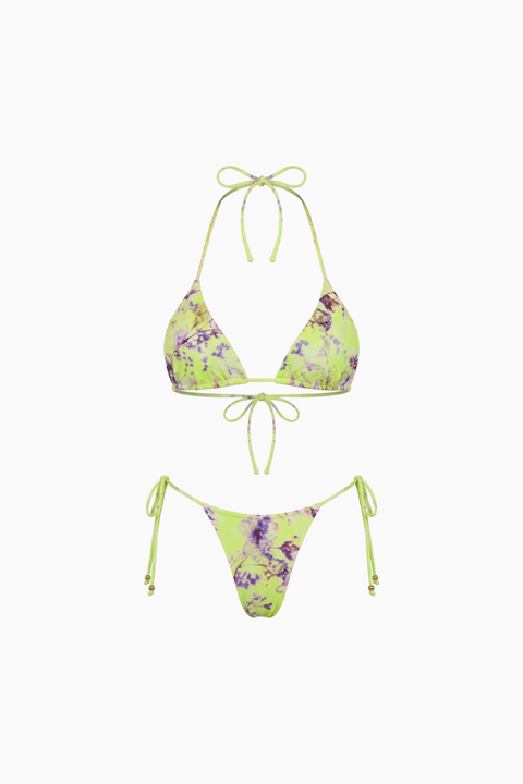 Bikini a stringhe floreale verde neon e viola