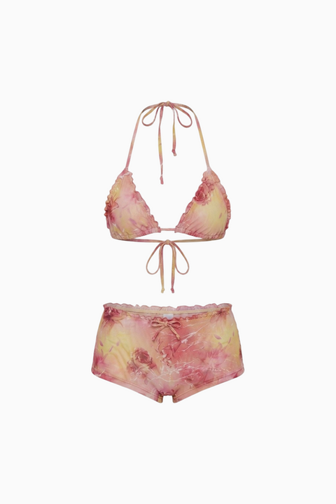Bikini corallo a triangolo halter con volant