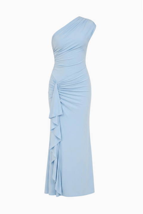 Himmelblaues gerafftes One-Shoulder-Kleid