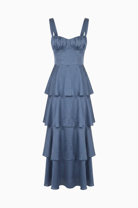 Staubblaues gestuftes Maxi-Rüschenkleid