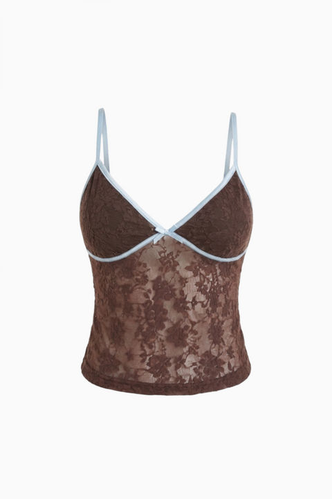 Top castanho floral de cetim com alças finas