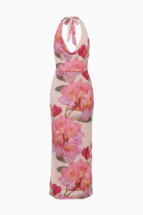 Robe longue rose en satin coupe en biais