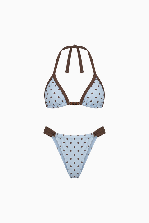Bikini a triangolo azzurro e marrone a pois