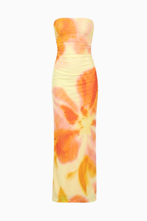 Gelbes und oranges florales Maxikleid mit gerafftem Bandeau-Ausschnitt