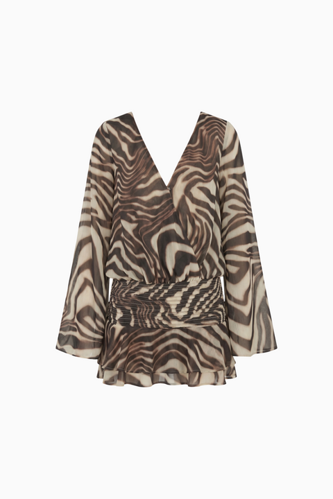Mini abito con stampa animalier, vita arricciata e volant