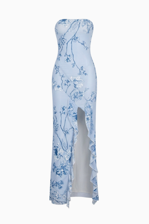 Robe longue fendue à fleurs bleues