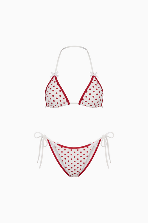 Biquíni clássico vermelho e branco de bolinhas com atilhos laterais