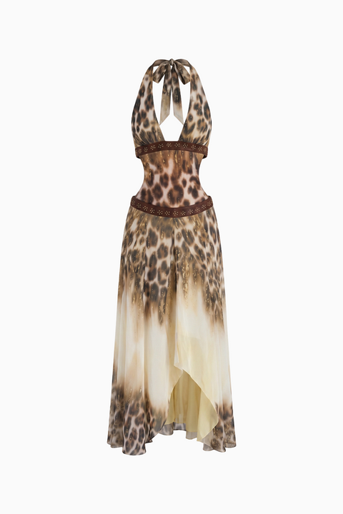 Robe longue imprimé léopard dos nu à découpes