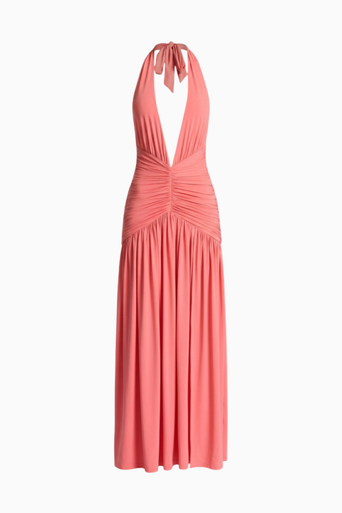 Korallenfarbenes Maxikleid mit tiefem Ausschnitt und Neckholder-Trägern