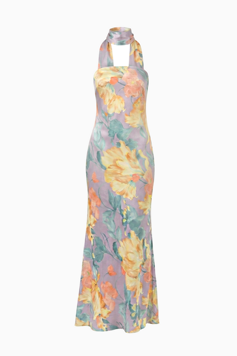 Robe longue lavande à grandes fleurs