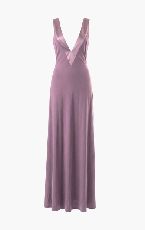 Robe longue en satin violet profond à décolleté en V
