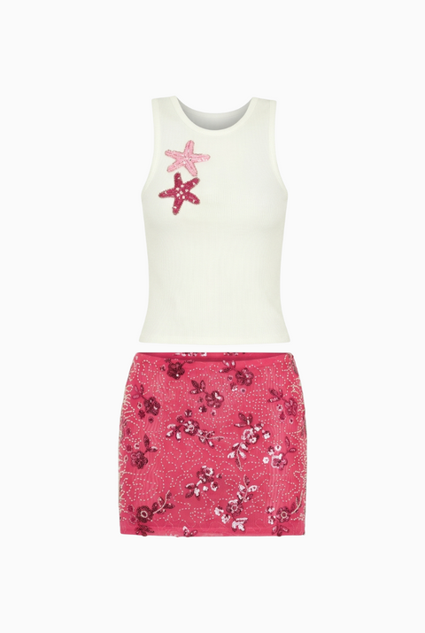Ensemble Mini-jupe à Sequins Roses 2 Pièces