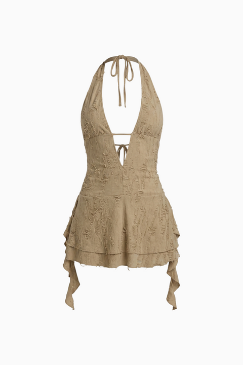 Beiges gerafftes Spaghettiträger-Minikleid
