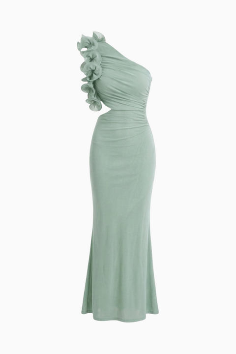 Maxikleid in Minzgrün mit einer Schulter, Rüschen und Cut-outs
