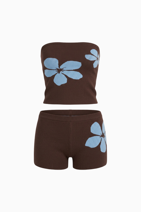 Ensemble tricoté rétro à fleurs bleues et marron