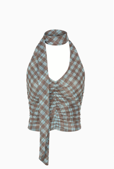 Top halter castanho com padrão vichy