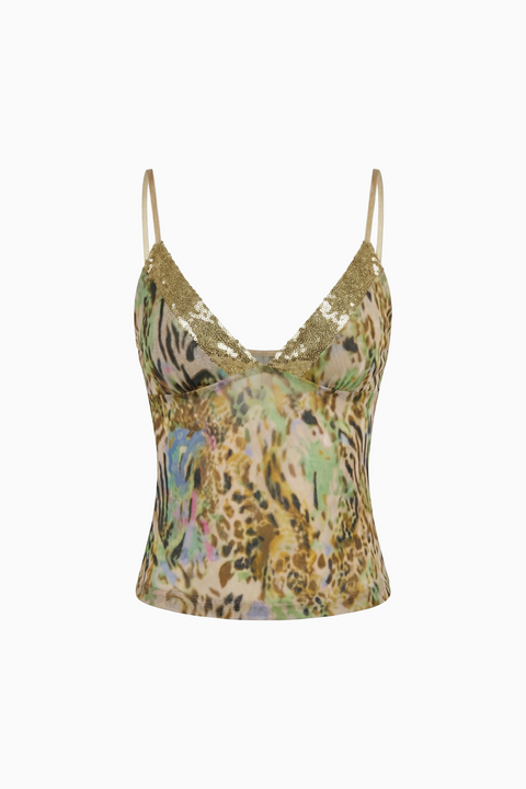 Top a fiori tropicali con busto arricciato