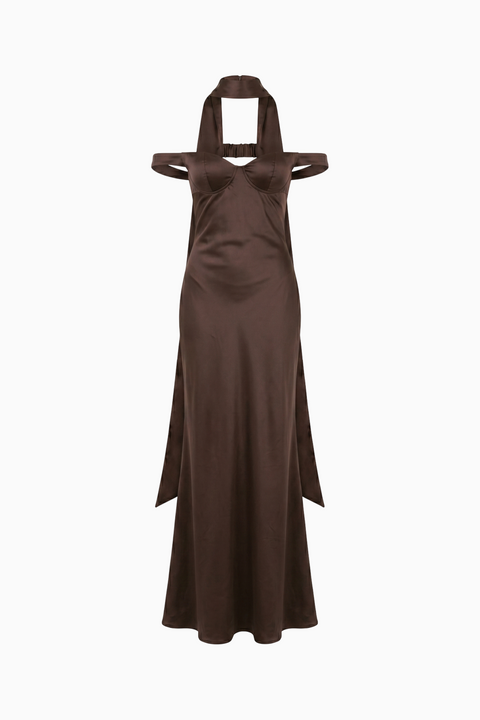 Maxikleid aus braunem Satin mit Neckholder und offener Rückenpartie