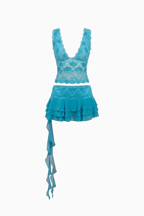 Ensemble deux pièces à volants en dentelle turquoise