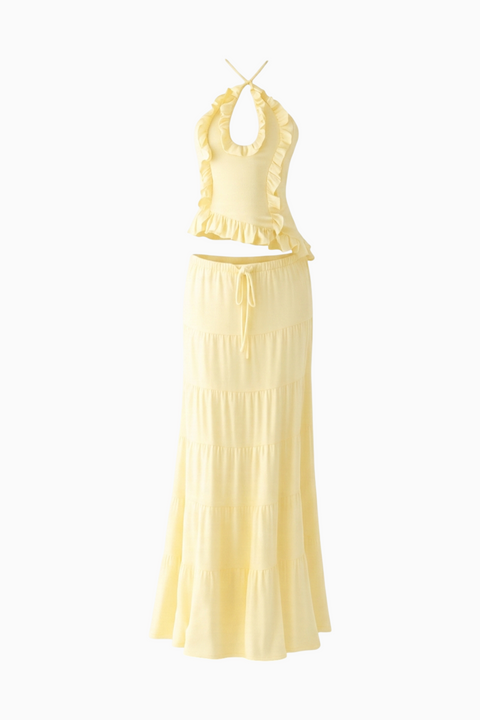 Ensemble dos nu et jupe en lin jaune