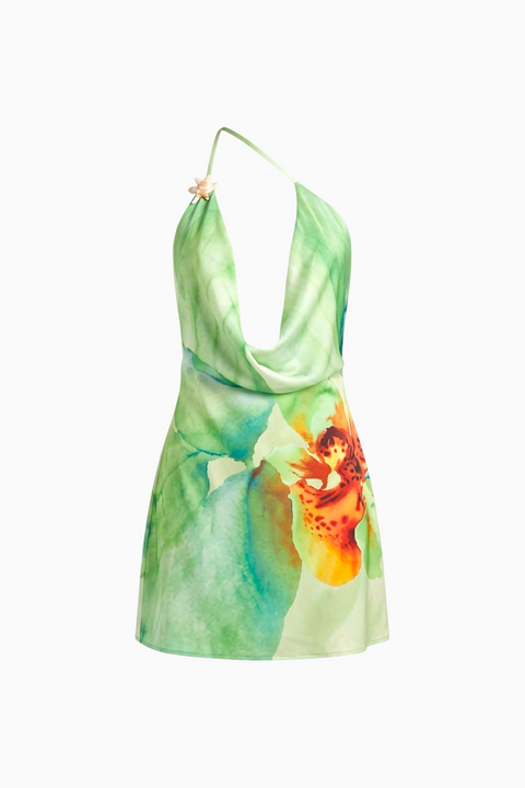 Mini-robe verte à motifs floraux imprimés sur toute la surface
