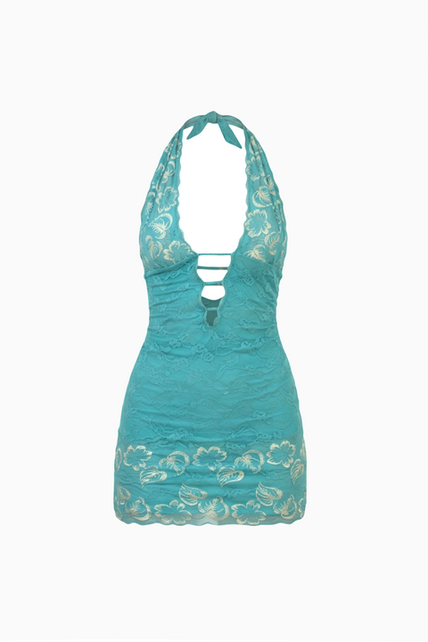 Tealfarbenes Mini-Neckholderkleid aus floraler Spitze mit tiefem Ausschnitt