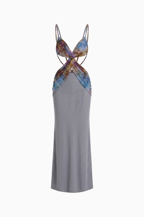 Robe longue à découpes et nœud torsadé tie-dye