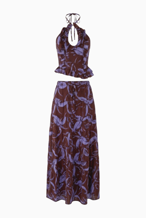 Ensemble long étagé fleuri prune intense et lavande