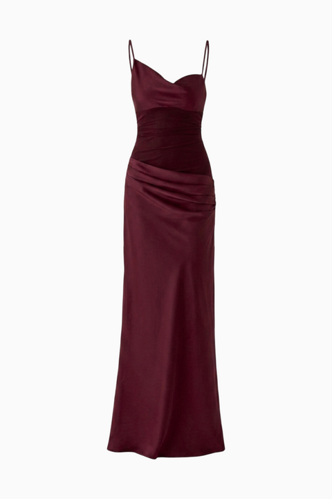Robe longue ajustée en velours bordeaux