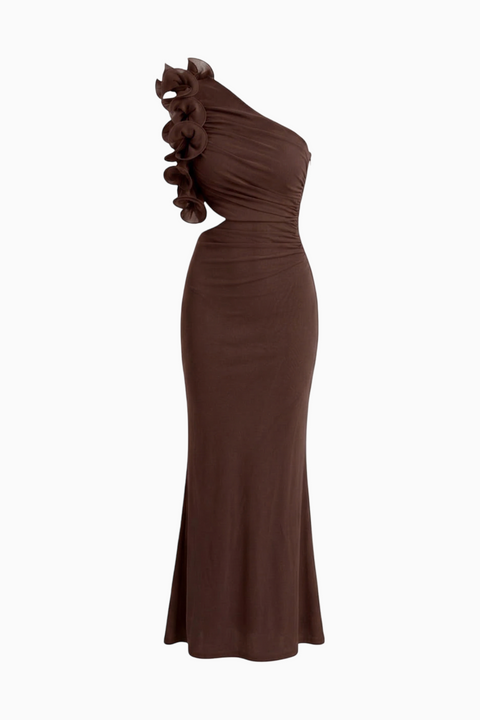 Braunes One-Shoulder-Maxikleid mit Rüschen und Cut-out