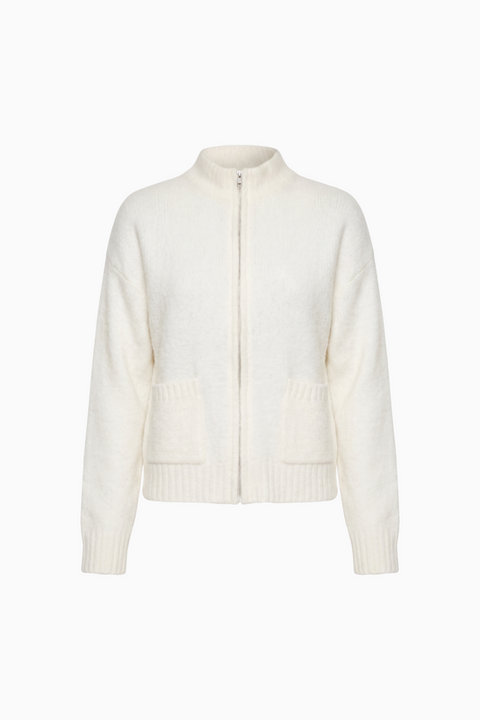 Cream Ribbed Zip-Up Knit Cardigan